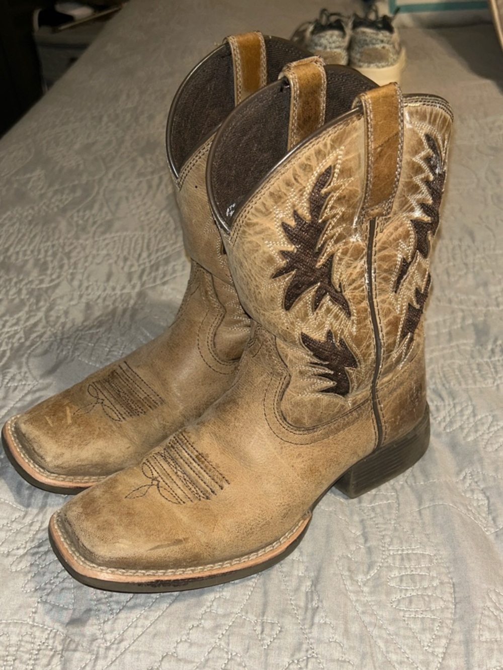 Ariat Tan Kids Western Boots with Dark Brown Stitching
